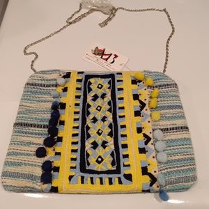 America and Beyond Geo  Embroidered Crossbody Clutch, Blue and Yellow
